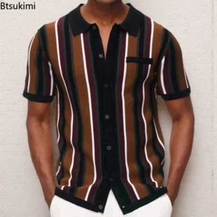 2025 New Men's Striped Patchwork Knitwear Summer Men Half Zip Knit Pullovers T-shirt Man Business Casual Short Sleeve Polo Shirt 5 kf S0003fb5a5e0f4ab8bdc1e3803fa03bc6g