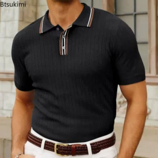 2025 Men's Striped Short Sleeve Knitted Shirts Summer New Comfy Breathable Casual Business Polo Shirts Men Golf Sport Loose Tops 3 kf S02c159c11d284bff84ef469b57333d893