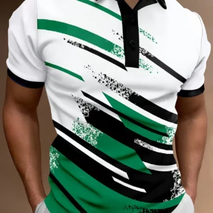 Men'S Summer Fashion Polo Shirt, Casual Geometric Stripe Pattern, Short Sleeve,Knit Polyester Fabric,Button Placket, 3 kf S0358404d61f94079a1dff814110d9278m