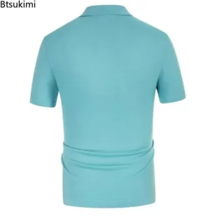 2025 Men's Summer Casual Shirts Knitted Patchwork Striped Polo Shirt Men Turn-down Collar Button Slim Fit Tops Ice Silk T-shirt 3 kf S080de13cc97a409299b4d463c12f1621O