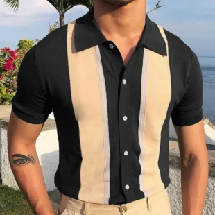 Men's Summer Business Knit Short Sleeve Polo Shirts Streetwear Button-down Breathable Striped Fashion Light Luxury Retro Shirts 2 kf S0916ae940cb24974a06ec9b29aec3a83c