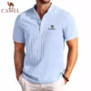 High End Embroidered CAMEL Cotton and Linen Striped Henry Polo Shirt, New Summer Men's Retro Fashion Casual Short Sleeved Top 4 kf S0ee81f3cc73b49f0ac52e8753b017e17c