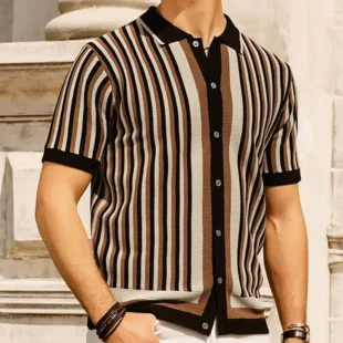 Men's Fashion Luxury Leisure Knit Polo Shirt Striped Button-down Short Sleeve Cardigan Casual Business Knitwear 2025 New Summer 4 kf S1845026a59d2479ca34256cf0eb725c9E