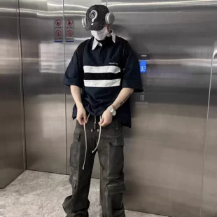 Hip Hop Vintage Washed Black Dirty Damaged PROJECT G/R Polo Shirts Men Women Casual Oversized Logo Embroidery Striped Shirt 2 kf S19ef3823740148668602c4999845dd3ee