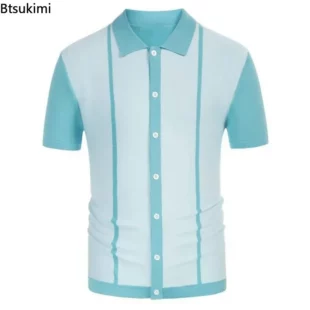 2025 Men's Summer Casual Shirts Knitted Patchwork Striped Polo Shirt Men Turn-down Collar Button Slim Fit Tops Ice Silk T-shirt 2 kf S1f88f57be24942f193d557dbb69fb1cdv
