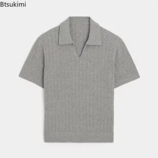 2025 Men's Korean Fashion Knitted V Neck Polo Shirt Slim Solid Color Short Sleeve Light Luxury Casual High Quality Knitwear Tops 3 kf S21c03f63f001474d874c8039b16df1f6Q