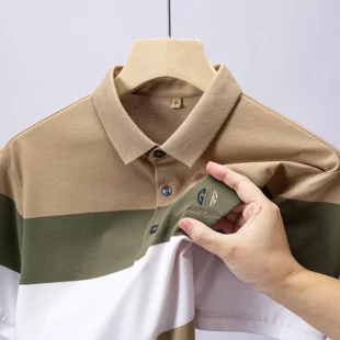 Men's Summer Casual Embroidery Polo Shirt, Breathable Short Sleeve Top with Ribbed Cuffs, 3-Button Placket & Color-Block Stripes 1 kf S240bbf74a6c948af9c6c13a3a1b5729c4