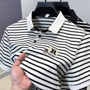 High end brand embroidery men short sleeve polo shirt fashion black white striped summer comfort breathable youth trend T-shirt 1 kf S29c1a258bdd24a43a81969556148a940b