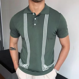 2024 Summer Contrast Color Knitted Polo Shirts Men Green Stripe Turn-down Collar Tops for Men Slim Fit Casual Business Polos 4 kf S2ad9fcb020e54a0a8a16c739f38ab3621