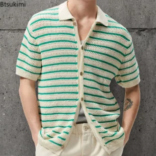 2025 Men's Striped Short Sleeve Knitted Shirts Summer New Comfy Breathable Casual Business Polo Shirts Men Golf Sport Loose Tops 4 kf S2dc924922aee4e158f7872e8183a75ec0