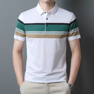 Luxury high-end ice silk breathable short-sleeved POLO shirt Men's 2023 summer fashion contrast stripe lapel T-shirt casual men 4 kf S342b89257e714a6ab810c5a7fda869f2V