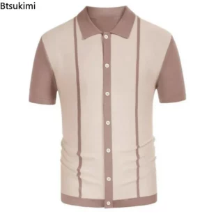 2025 Men's Summer Casual Shirts Knitted Patchwork Striped Polo Shirt Men Turn-down Collar Button Slim Fit Tops Ice Silk T-shirt 4 kf S3d159bcef5e6412eb8692bef20badb52p