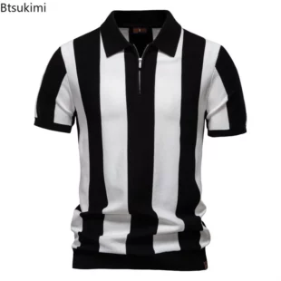 2025 Men's Summer Breathable Stripe Contrast Panel Polo Shirts New Business Casual Short Sleeve Knit Shirt Male Golf Sports Tops 4 kf S41c8992deb774d46b83b06f41dad801ev