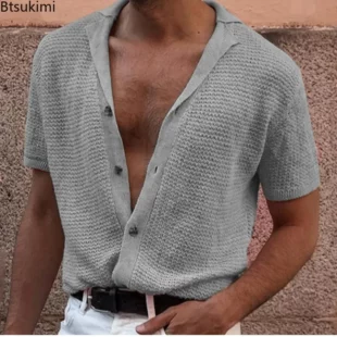 Summer Thin Knitted Cardigan Men's Casual Short Sleeve Polo Shirt Trend Sexy Male Streetwear Loose Vintage Knitwear Tops for Men 2 kf S5002f5253dc8460ba828a848c355e82aT