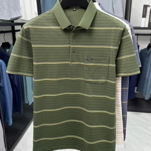 High quality stripe men short sleeve polo shirt light luxury pocket comfort breathable summer silky cotton casual lapel T-shirt 3 kf S5e14025308e8498a8b9240ec56f5d012I