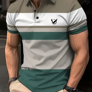 Men's bird pattern 3D print contrasting button up shirt with casual sports suitable for outdoor short sleeved striped polo shirt 1 kf S674b19ce2a514ed4b683dd3dad278304b