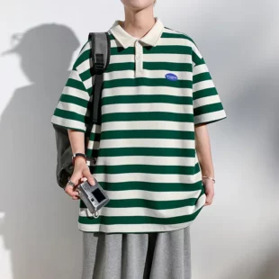 Men Polo Shirts Stripes Summer Short Sleeve T-shirt Turn-down Collar Shirt Male Casual Loose Pullover Tops Fashion Tees 2 kf S7509bfbeef794146ab88cd379f29918d1