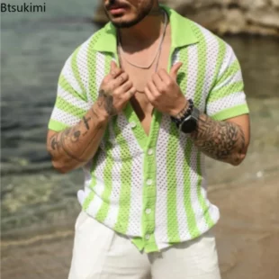 2025 Men's Summer Striped Hollow Out Design Knitted Short-sleeved Polo Shirts Casual Loose Cardigan Tops Male Streetwear T-shirt 3 kf S7d2a51689ae047b3b2163b6b3a6e68b0v