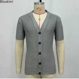Summer Thin Knitted Cardigan Men's Casual Short Sleeve Polo Shirt Trend Sexy Male Streetwear Loose Vintage Knitwear Tops for Men 3 kf S7e8a39cce0ef499aaeb05fed20f22536t