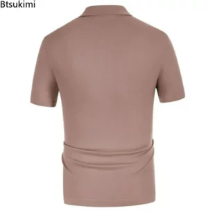 2025 Men's Summer Casual Shirts Knitted Patchwork Striped Polo Shirt Men Turn-down Collar Button Slim Fit Tops Ice Silk T-shirt 5 kf S82e8009cdfcf4ff8b8ad77bbd3ebce6aQ