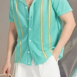 2025 Summer Cuban Collar Vintage Striped Polo Shirt Men Flip Collar Knitted Ice Silk Short Sleeved Shirt Casual Business T-shirt 5 kf S82ef6e8c2cb6484a9c0fd8edf2bb4236Y