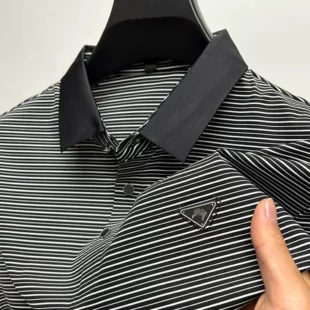 High end brand trend ice silk striped short sleeve polo shirt men's 2024 summer new fashionable print hot diamond casual T-shirt 1 kf S91b4029cb6a043e4a93c09ccd75ca2035