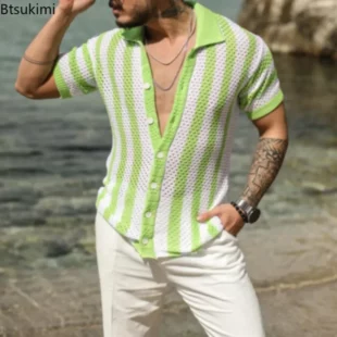 2025 Men's Summer Striped Hollow Out Design Knitted Short-sleeved Polo Shirts Casual Loose Cardigan Tops Male Streetwear T-shirt 4 kf S91d1fb768de245c5b00180b702d0eb0bT