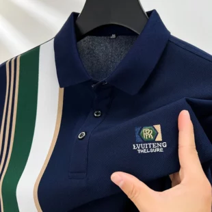 Light Luxury Polo Shirt Letter Embroidery Men's Short Sleeve High end Brand Summer new Fashion Stripe Silk Cotton Casual T-shirt 2 kf S936a9295d2514563aeb415d928b033caT