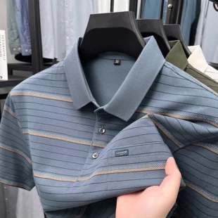 High quality stripe men short sleeve polo shirt light luxury pocket comfort breathable summer silky cotton casual lapel T-shirt 1 kf S9a03845b4adb4523ad8cf85a1eb4d85a6