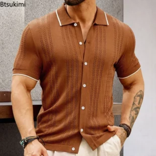 2025 New Men's Striped Patchwork Knitwear Summer Men Half Zip Knit Pullovers T-shirt Man Business Casual Short Sleeve Polo Shirt 4 kf Sa5199a81dfdc4dba9d4abee39486c7c9W