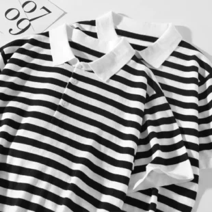 Vintage black and white striped short-sleeved loose breathable casual upper knit polo shirt 3 kf Sb4cac582be62494081cbf8c5016b810cf