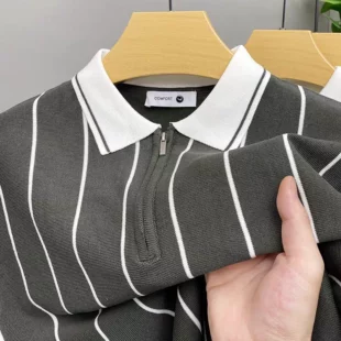 High quality summer knitted short sleeve polo shirt fashion half zipper lapel T-shirt vertical stripes comfort casual men's wear 1 kf Sb593640829fd4d0d973fca9f92e837fc6