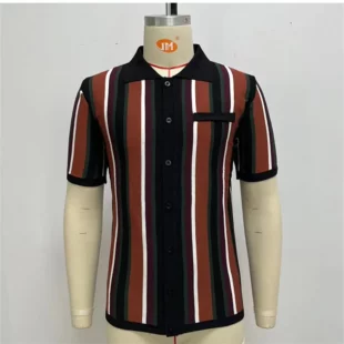 2024 Men's Summer Casual Knitted Shirts British Retro Stripe Patchwork Knitted Short Sleeve Jacquard Business Polo Shirts Male 2 kf Sb5ea1714380e4037a7ffc573963de118Y