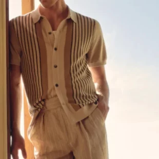 Luxury Summer Men's Clothing Striped Knit Polo Shirts Single Breasted Short Sleeve Casual Slim Shirts Button-down Retro Knitwear 1 kf Sb8e9c54b1af845f594435f679670683dm