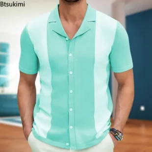 2025 New Men's Striped Patchwork Knitwear Summer Men Half Zip Knit Pullovers T-shirt Man Business Casual Short Sleeve Polo Shirt 3 kf Sc35ba87c80714301a6abc98b8cdc1225e