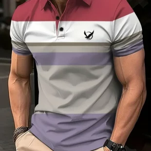 Men's bird pattern 3D print contrasting button up shirt with casual sports suitable for outdoor short sleeved striped polo shirt 3 kf Sc437d973859a47a2995f7d12ab04c6daM