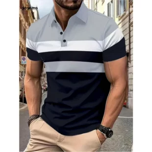 Men's Fashion Polo Shirt Simple Striped Printed Short-sleeved Shirt Summer Men's Business Casual Breathable Versatile Clothing 3 kf Sc74f5b1f74604bbab8907d073b1984f7W
