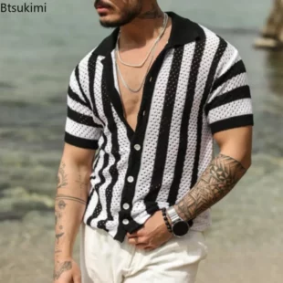 2025 Men's Summer Striped Hollow Out Design Knitted Short-sleeved Polo Shirts Casual Loose Cardigan Tops Male Streetwear T-shirt 2 kf Sc7f731e35aed4216a771e4765ad788b76