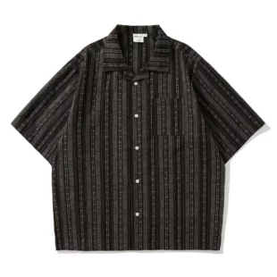 Japanese Retro Linen Striped Tooling Short-sleeved Shirt Men and Women Cityboy Silhouette Cuban Collar Shirt 2 kf Sca55c57f1d2848c2a5606c5cfe4837ecH