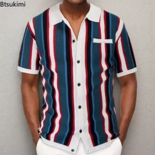 2025 Men's Summer Casual Knitted Shirts British Retro Stripe Patchwork Knitted Short Sleeve Jacquard Business Polo Shirt Male 2 kf Sd1d9f635ec9b4dbca5276bbb7d219f6eo