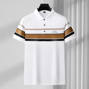 Summer New Silk Cotton Men's Breathable Polo Shirt Short sleeved Brand High end Fashion Exquisite Stripe Print Casual T-shirt 4 kf Sd50731f1cbf4492e8c10e5ccf2c4b687F