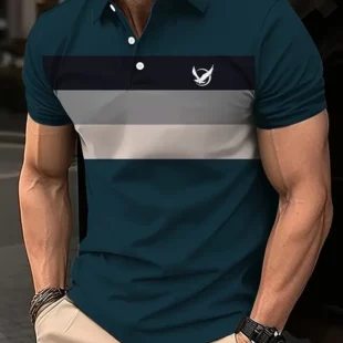 Men's bird pattern 3D print contrasting button up shirt with casual sports suitable for outdoor short sleeved striped polo shirt 2 kf Sdd10b18361b549349025bf1862bb2c7fB