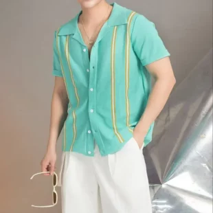 2025 Summer Cuban Collar Vintage Striped Polo Shirt Men Flip Collar Knitted Ice Silk Short Sleeved Shirt Casual Business T-shirt 3 kf Se5a380bc9f96483fac2a1efff7084dddr