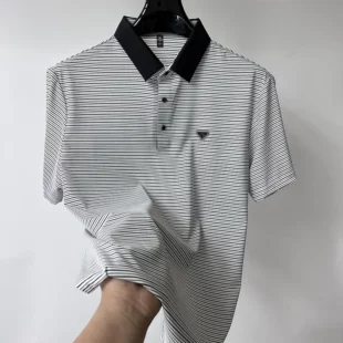 High end brand trend ice silk striped short sleeve polo shirt men's 2024 summer new fashionable print hot diamond casual T-shirt 4 kf Se5ef7b08c5234d158fa25857d108e0aac