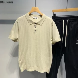 Men's Summer Clothing Short-sleeved Knitted Polo Shirts Men Solid Vintage Casual Lapel Tops Japanese Style Simple Slim T-shirts 4 kf S039357c9df3f48ebb0a6c16d2c81f75fI