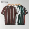 Stylish Mens Knitting Mesh Polo Shirts 2025 Summer Casual Hollow Out Knitted Polo Shirt Men Vintage Striped Lapel Zipper Polos 5 kf S068ce542bba847b183ed41c718e11ee3I