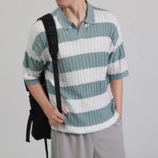 Men's Polo Short Sleeve Retro Knit Lapel Striped Short Sleeve Fashion T-shirt Popular Knitwear Casual Breathable Top US Size 2 kf S06d3e920d8c540eb8b9d7aeb40bad3d9q