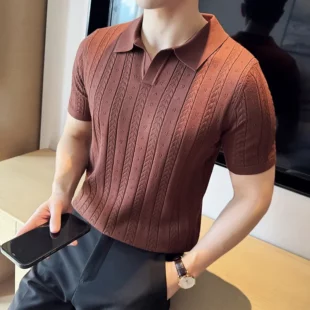Men's Polo Shirt, Striped Jacquard Knit Short Sleeve, T-shirt V-neck Solid Color Elastic Top 2024. M-3XL,Summer Purple Thin 1 kf S153c4cf6523e4dffbb64a888aa0e4c440
