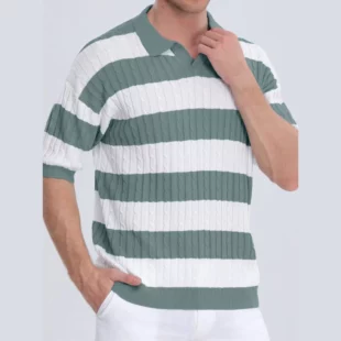 Men's Polo Short Sleeve Retro Knit Lapel Striped Short Sleeve Fashion T-shirt Popular Knitwear Casual Breathable Top US Size 3 kf S18a9b96e09d64a319154eb52812d32a5U