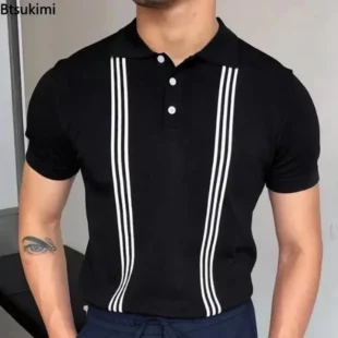 2025 Summer Men Short-sleeved Knitted Polo Blouse Cardigan Vintage Slim Stretch Tshirts Top Business Casual Male Shirts Clothing 3 kf S19cfa455254c45adb5383aecb4f1a041Y
